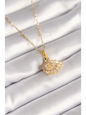  Altın  Zincir Zirkon Taşlı Kuğu Model  Çelik Kolye