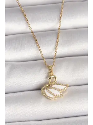 316L Çelik Gold Renk Zincir Zirkon Taşlı Kuğu Model Kadın Kolye