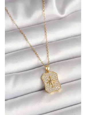 316L Çelik Gold Renk Zincir Zirkon Taşlı Kutup Yıldız İşlemeli Madalyon Model Kadın Kolye