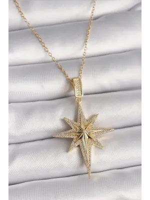  Altın  Zincir Zirkon Taşlı Kutup Yıldız Model  Çelik Kolye