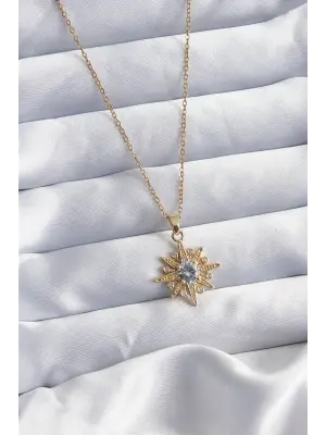  Altın  Zincir Zirkon Taşlı Kutup Yıldızı Figür  Çelik Kolye
