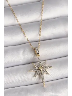  Altın  Zincir Zirkon Taşlı Kutup Yıldızı Model  Çelik Kolye
