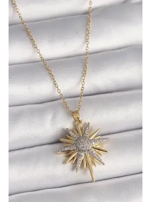  Altın  Zincir Zirkon Taşlı Kuzey Yıldızı Model  Çelik Kolye