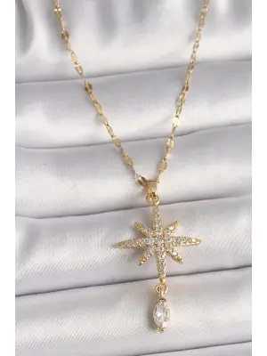  Altın  Zincir Zirkon Taşlı Kuzey Yıldızı Sallantı Taş Detay  Çelik Kolye