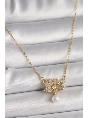  Altın  Zincir Zirkon Taşlı Lotus Çiçeği Figür Sallantı İnci Detay  Çelik Kolye