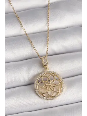  Altın  Zincir Zirkon Taşlı Lotus Model  Çelik Kolye