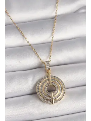  Altın  Zincir Zirkon Taşlı Madalyon Model  Çelik Kolye