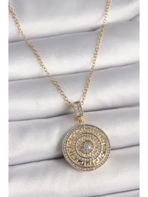  Altın  Zincir Zirkon Taşlı Madalyon Model Labirent İşleme  Çelik Kolye