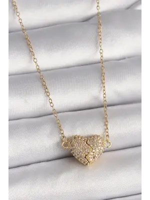  Altın  Zincir Zirkon Taşlı Mıknatıslı Kalp Model  Çelik Kolye
