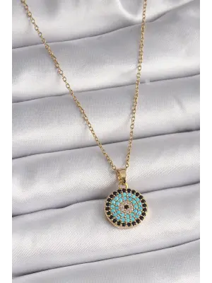  Altın  Zincir Zirkon Taşlı Nazar Boncuk Madalyon Model  Çelik Kolye