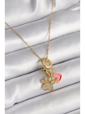  Altın  Zincir Zirkon Taşlı Pati Figür Kalp Detay  Çelik Kolye