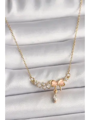  Altın  Zincir Zirkon Taşlı Pembe Mineli Fiyonk Model Sallantı Taş Detay  Çelik Kolye