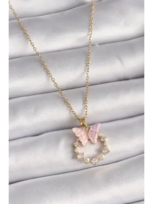  Altın  Zincir Zirkon Taşlı Pembe Mineli Kelebek Model  Çelik Kolye