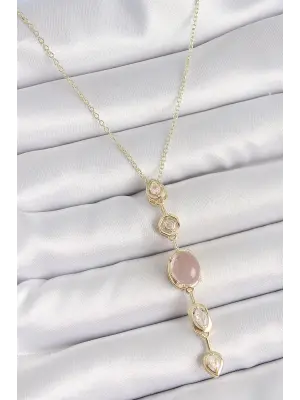 316L Çelik Gold Renk Zincir Zirkon Taşlı Pembe Mineli Y Model Dekolta Kadın Kolye