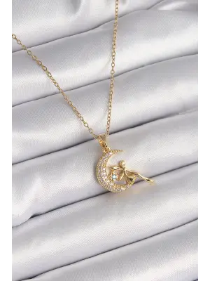  Altın  Zincir Zirkon Taşlı Peri Figür  Çelik Kolye
