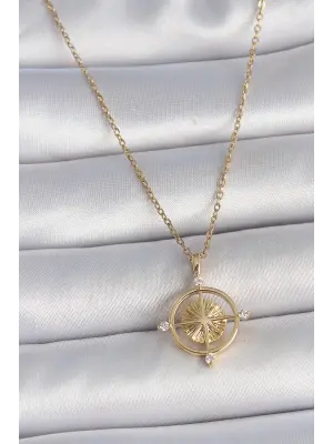 316L Çelik Gold Renk Zincir Zirkon Taşlı Pusula Model Kadın Kolye