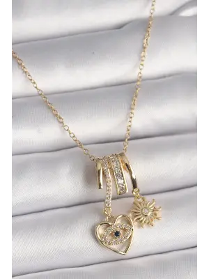  Altın  Zincir Zirkon Taşlı Sallantı Kalp Model Güneş Detay  Charm Çelik Kolye