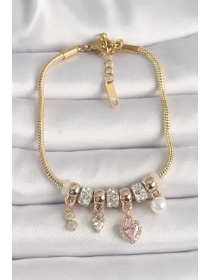 316L Çelik Gold Renk Zincir Zirkon Taşlı Sallantı Kalp Model İnci Detay Charm Kadın Bileklik