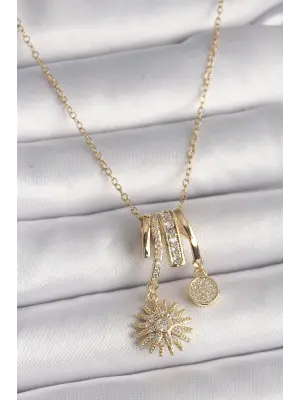  Altın  Zincir Zirkon Taşlı Sallantı Kutup Yılıdızı Model  Charm Çelik Kolye