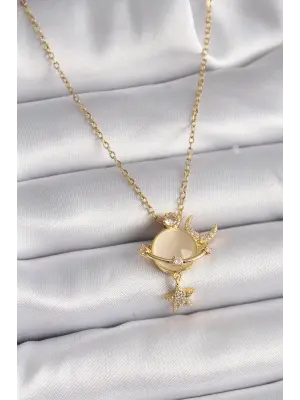  Altın  Zincir Zirkon Taşlı Sarı Mineli Ay Yıldız Model  Çelik Kolye