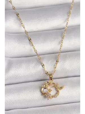  Altın  Zincir Zirkon Taşlı Sinek Kuşu Figür Çiçek Figür  Çelik Kolye