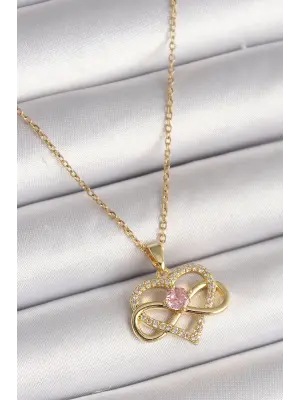  Altın  Zincir Zirkon Taşlı Sonsuzluk Kalp Model  Çelik Kolye