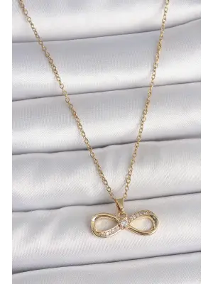 316L Çelik Gold Renk Zincir Zirkon Taşlı Sonsuzluk Model Kadın Kolye