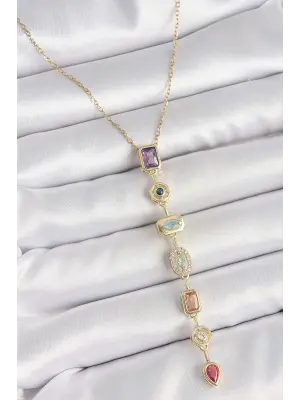 316L Çelik Gold Renk Zincir Zirkon Taşlı Y Model Dekolte Kadın Kolye