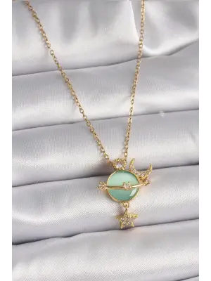  Altın  Zincir Zirkon Taşlı Yeşil Mineli Ay Yıldız Model  Çelik Kolye