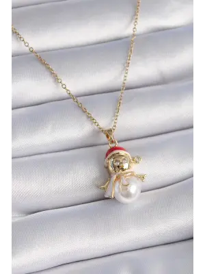  Altın  Zincir Zirkon Taşlı Yılbaşı Temalı Kardan Adam Figür  Çelik Kolye