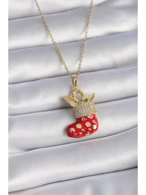  Altın  Zincir Zirkon Taşlı Yılbaşı Temalı Kırmızı Noel Çorabı Figür  Çelik Kolye