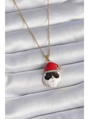  Altın  Zincir Zirkon Taşlı Yılbaşı Temalı Noel Baba Figür  Çelik Kolye