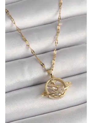  Altın  Zincir Zirkon Taşlı Yıldız Detay Satürn Gezegen Model  Çelik Kolye