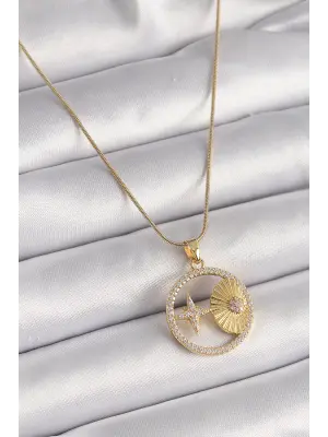  Altın  Zincir Zirkon Taşlı Yıldız İşleme Madalyon Model  Çelik Kolye