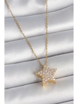 316L Çelik Gold Renk Zincir Zirkon Taşlı Yıldız Model Kadın Kolye