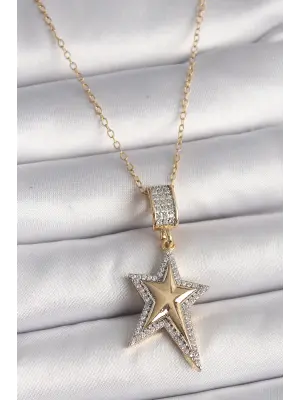  Altın  Zincir Zirkon Taşlı Yıldız Model  Çelik Kolye