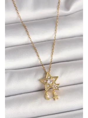 316L Çelik Gold Renk Zincir Zirkon Taşlı Yıldız Model Sallanı Ay Yıldız Detay Kadın Kolye