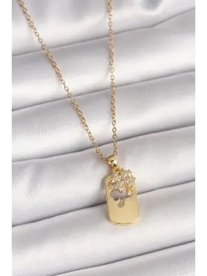 316L Çelik Gold Renk Zincir Zirkon Taşlı Yonca Model Kadın Kolye