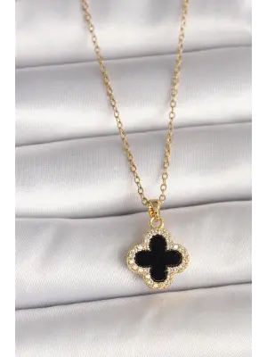 316L Çelik Gold Renk Zincir Zirkon Taşlı Yonca Model Kadın Kolye