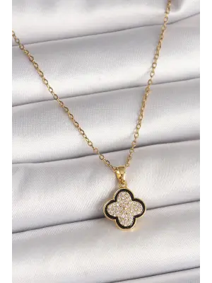 316L Çelik Gold Renk Zincir Zirkon Taşlı Yonca Model Kadın Kolye