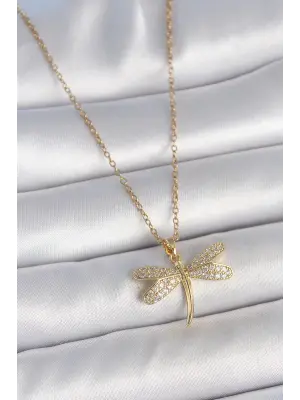 316L Çelik Gold Renk Zincir Zirkon Taşlı Yusufçuk Model Kadın Kolye