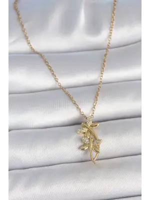 316L Çelik Gold Renk Zincir Zirkon Taşlı Yusufçuk Model Kadın Kolye