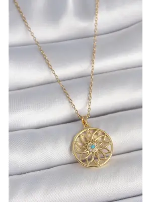 316L Çelik Gold Renk Zincr Mavi Taşlı Lotus Model Kadın Kolye