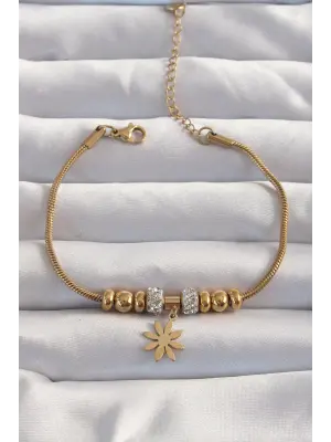 316L Çelik Gold Renk Zirkon Taş Aksesuarlı Çiçek Bileklik