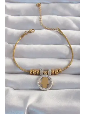 316L Çelik Gold Renk Zirkon Taş Aksesuarlı Fatma Ana Eli Bileklik