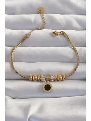 316L Çelik Gold Renk Zirkon Taş Aksesuarlı Siyah Mineli Cartier Bileklik