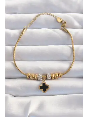 316L Çelik Gold Renk Zirkon Taş Aksesuarlı Siyah Mineli Yonca Bileklik