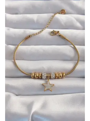 316L Çelik Gold Renk Zirkon Taş Aksesuarlı Yıldız Bileklik