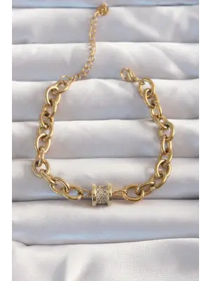 316L Çelik Gold Renk Zirkon Taş Aksesuarlı Zincir Bileklik
