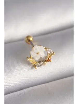 316L Çelik Gold Renk Zirkon Taş Detay Beyaz Çiçek Model Tragus Piercing
